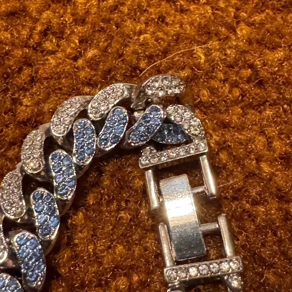 Iced Out Cuban Link Bracelet Silver Tone Blue White Rhinestone Chunky Curb Chain